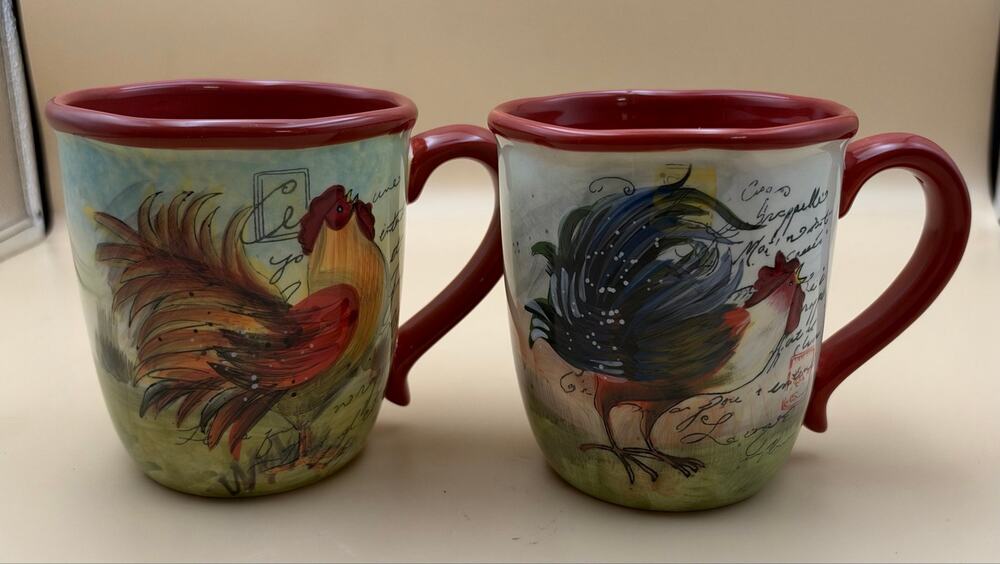 Certified International Susan Winget Le Rooster Coffee Mugs Set of 2 Red